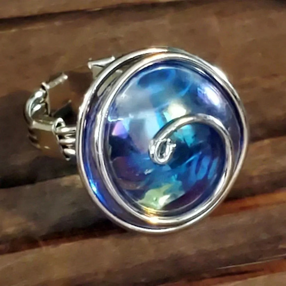 Handcrafted Edgy Cobalt Blue Luster Silver Spiral Luster Glass Bauble Ring - Picture 1 of 9
